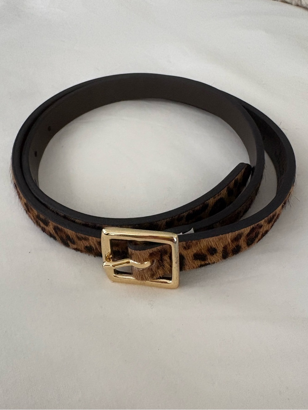 Leopard Print Faux-Hair Leather Belt with Gold Buckle